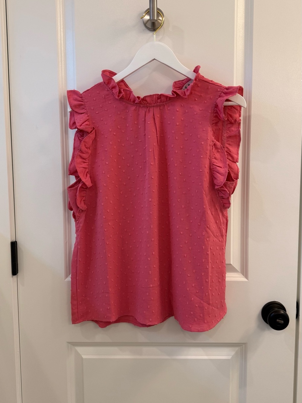 THML Coral Pink Ruffle Swiss Dot Sleeveless Blouse
